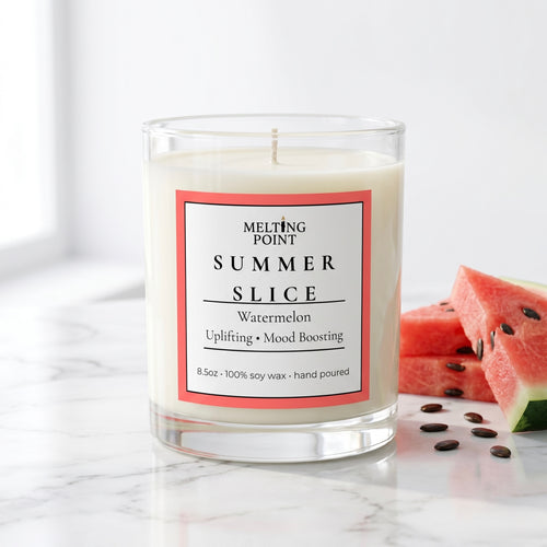 Summer Slice hand-poured watermelon soy candle with fresh citrus and fruity scent in a clear glass jar